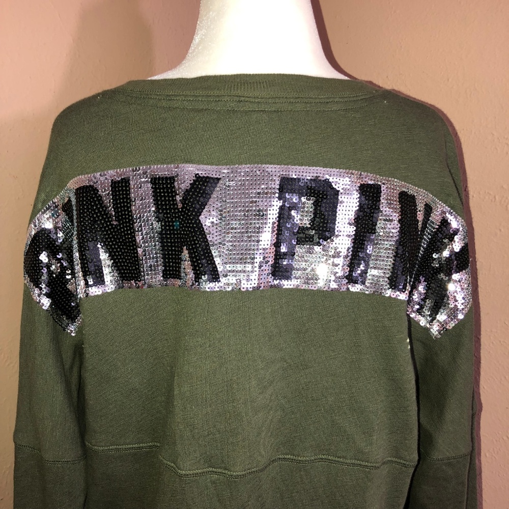 PINK VS Olive Sequins Logo Pullover Sweatshirt - Picture 6 of 8